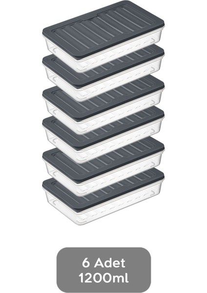 6'lı Buzdolabı Organizer Mikrodalga ve Difrize Uygun Saklama Kabı Antrasit 6 x 1200 ml