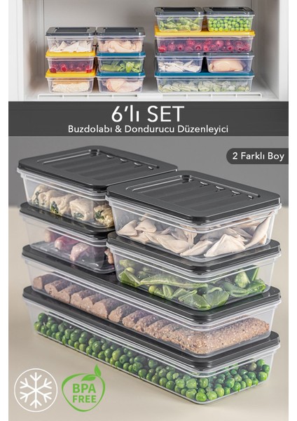 6'lı Buzdolabı Organizer Mikrodalga ve Difrize Uygun Saklama Kabı Antrasit 2 x 1170 ml - 4 x 600 ml