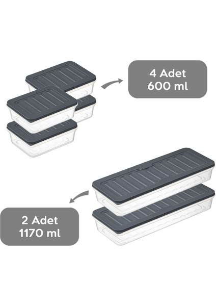 6'lı Buzdolabı Organizer Mikrodalga ve Difrize Uygun Saklama Kabı Antrasit 2 x 1170 ml - 4 x 600 ml fiyatları