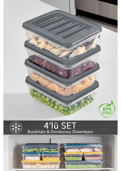 4'lü Buzdolabı Düzenleyici Difriz-Mikrodalga Uyumlu Saklama Kabı Antrasit 4 x 600 ml