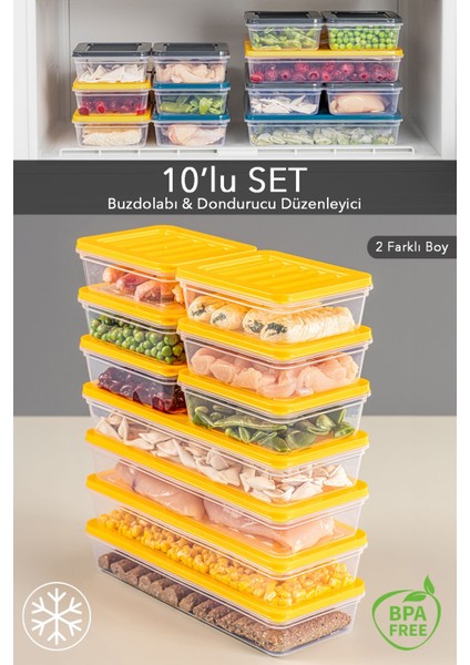 10'lu Buzdolabı Organizer Mikrodalga ve Difrize Uygun Saklama Kabı Sarı 4 x 1170 ml - 6 x 600ML