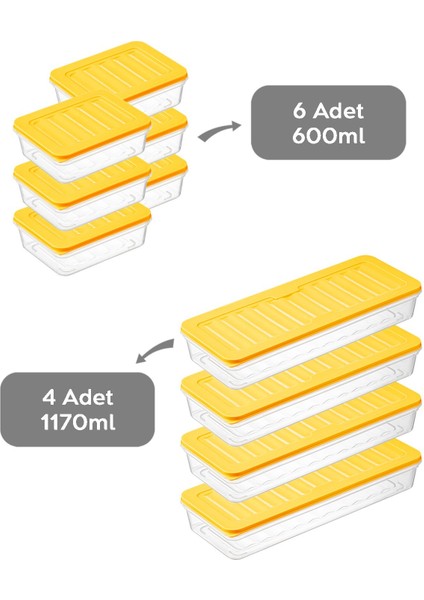 10'lu Buzdolabı Organizer Mikrodalga ve Difrize Uygun Saklama Kabı Sarı 4 x 1170 ml - 6 x 600ML