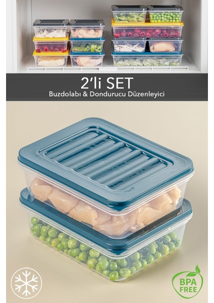2'li Buzdolabı Organizer Mikrodalga ve Difrize Uygun Saklama Kabı Petrol 2 x 600 ml