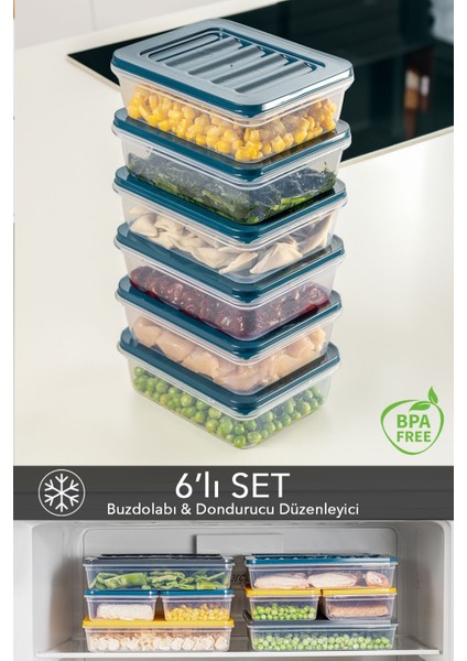 6'lı Buzdolabı Düzenleyici Difriz-Mikrodalga Uyumlu Saklama Kabı Petrol 6 x 600 ml