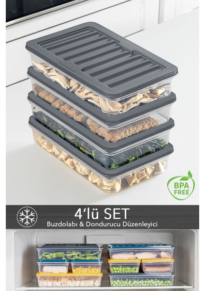 4'lü Buzdolabı Düzenleyici Difriz-Mikrodalga Uyumlu Saklama Kabı Antrasit 4 x 1200 ml