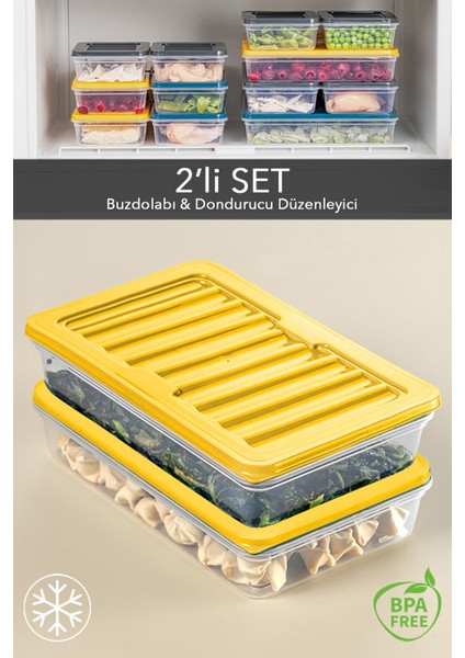 2'li Buzdolabı Organizer Mikrodalga ve Difrize Uygun Saklama Kabı Sarı 2 x 1200 ml