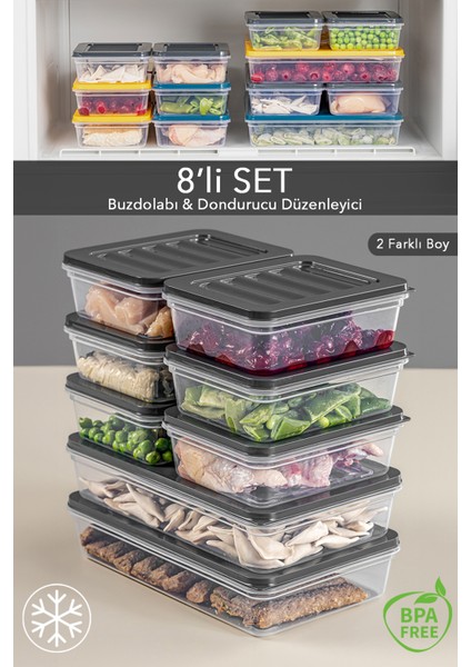 8'li Buzdolabı Organizer Mikrodalga ve Difrize Uygun Saklama Kabı 2 x 1200 ml - 6 x 600 ml