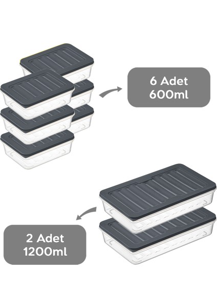 8'li Buzdolabı Organizer Mikrodalga ve Difrize Uygun Saklama Kabı 2 x 1200 ml - 6 x 600 ml
