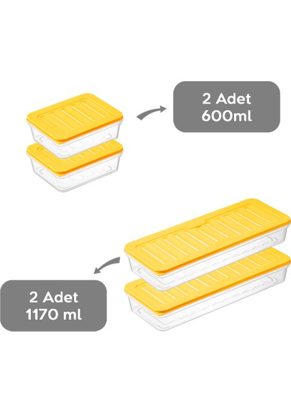 4'lü Buzdolabı Organizer Mikrodalga ve Difrize Uygun Saklama Kabı Sarı 2 x 1170 ml - 2 x 600 ml