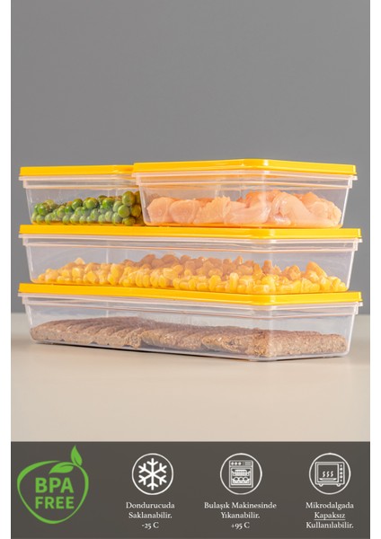 4'lü Buzdolabı Organizer Mikrodalga ve Difrize Uygun Saklama Kabı Sarı 2 x 1170 ml - 2 x 600 ml
