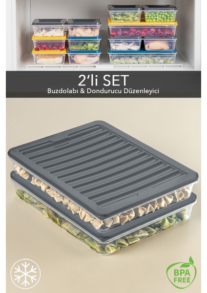 2'li Buzdolabı Organizer Mikrodalga ve Difrize Uygun Saklama Kabı Antrasit 2 x 2400 ml