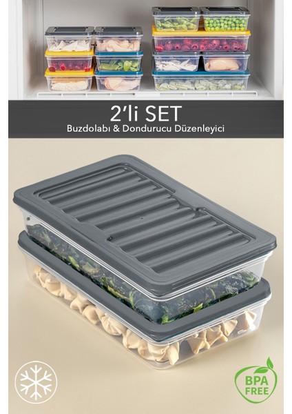 2'li Buzdolabı Organizer Mikrodalga ve Difrize Uygun Saklama Kabı Antrasit 2 x 1200 ml