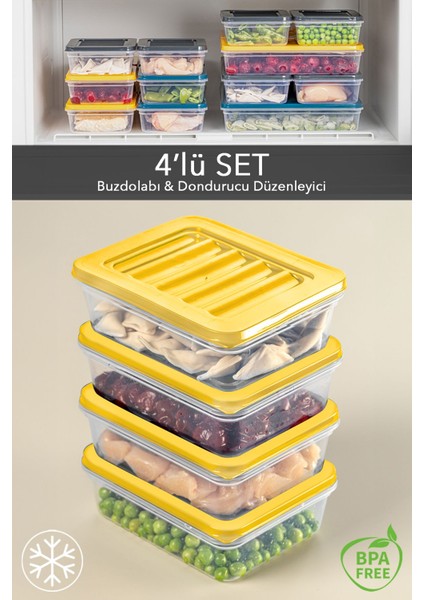 4'lü Buzdolabı Organizer Mikrodalga ve Difrize Uygun Saklama Kabı Sarı 4 x 600 ml