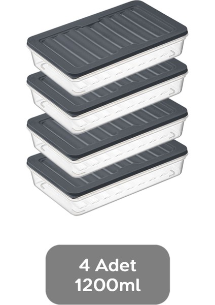 4'lü Buzdolabı Organizer Mikrodalga ve Difrize Uygun Saklama Kabı Antrasit 4 x 1200 ml