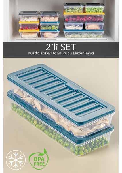 2'li Buzdolabı Organizer Mikrodalga ve Difrize Uygun Saklama Kabı Petrol 2 x 1170 ml