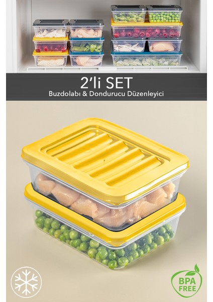2'li Buzdolabı Organizer Mikrodalga ve Difrize Uygun Saklama Kabı Sarı 2 x 600 ml