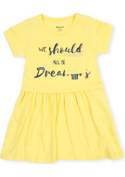 Kız Çocuk Yazı Baskılı Taş Detaylı Cepli Penye Elbise