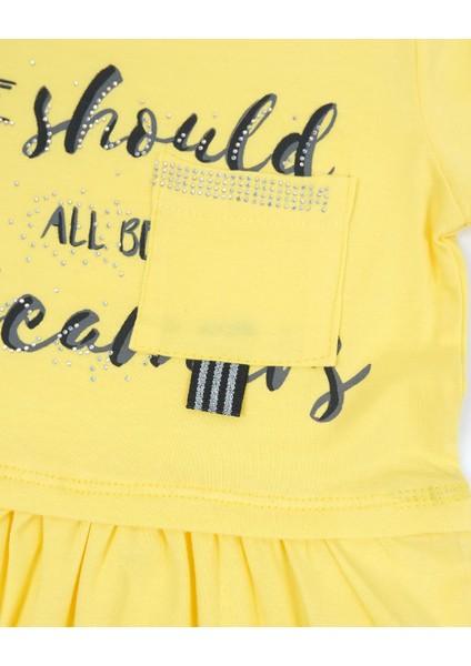 Kız Çocuk Yazı Baskılı Taş Detaylı Cepli Penye Elbise modelleri