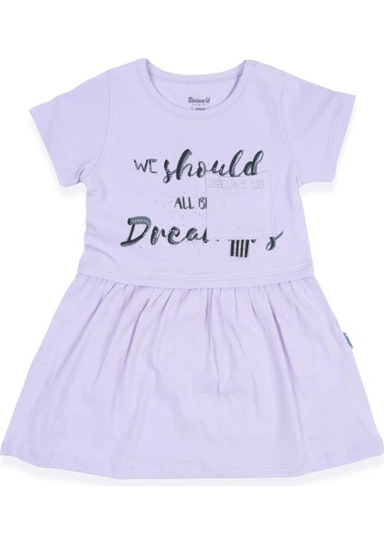 Kız Çocuk Yazı Baskılı Taş Detaylı Cepli Penye Elbise