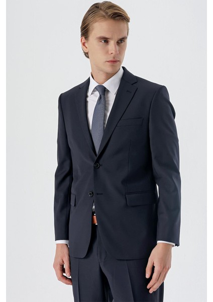 Koyu Lacivert Mono Yaka Yünlü Likralı 6 Drop Comfort Fit Rahat Kesim Klasik Takım Elbise 1001235172