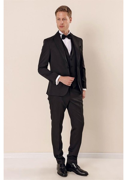 Siyah Desenli Çıkarılabilir Şal Yaka Yelekli 6 Drop Slim Fit Smokin Damatlık Takım 1001230210 fiyatları