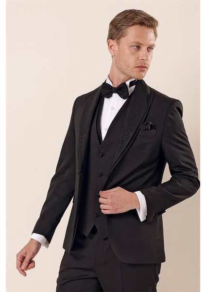 Siyah Desenli Çıkarılabilir Şal Yaka Yelekli 6 Drop Slim Fit Smokin Damatlık Takım 1001230210 fırsatları