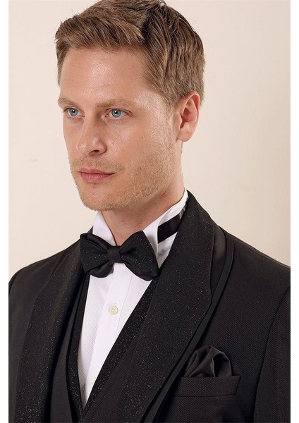 Siyah Desenli Çıkarılabilir Şal Yaka Yelekli 6 Drop Slim Fit Smokin Damatlık Takım 1001230210 indirimleri