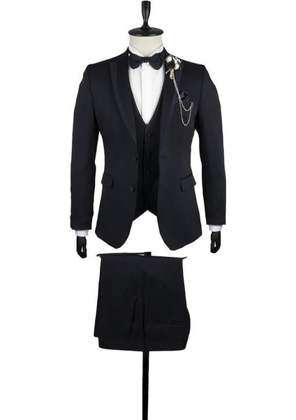 Koyu Lacivert Armürlü Mono Yaka Astarlı Yelekli 6 Drop Slim Fit Smokin Damatlık 1001220202