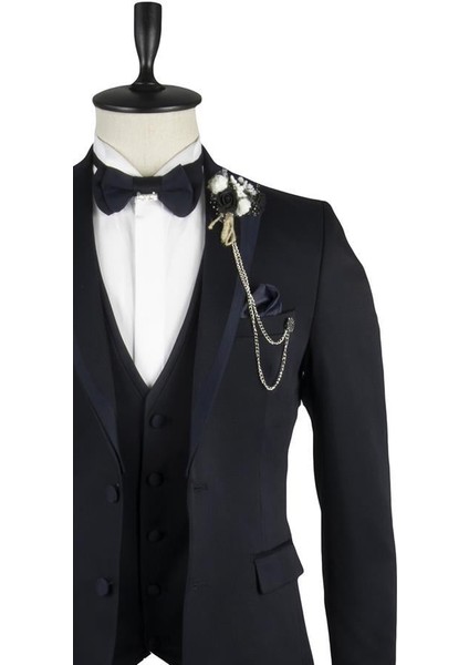 Koyu Lacivert Armürlü Mono Yaka Astarlı Yelekli 6 Drop Slim Fit Smokin Damatlık 1001220202 modelleri