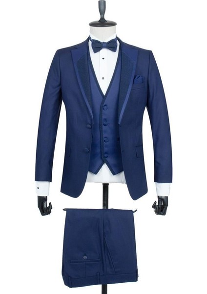 Lacivert Gabardin Mono Yaka Astarlı Yelekli 6 Drop Slim Fit Dar Kesim Smokin Damatlık 1001195166
