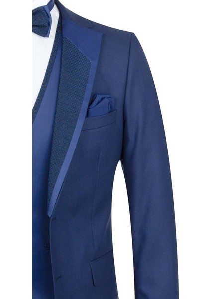 Lacivert Gabardin Mono Yaka Astarlı Yelekli 6 Drop Slim Fit Dar Kesim Smokin Damatlık 1001195166