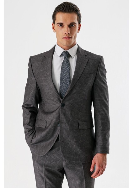 Gri Ekoseli Mono Yaka Çift Yırtmaç 6 Drop Comfort Rahat Kesim Klasik Takım Elbise 1001240160 modelleri