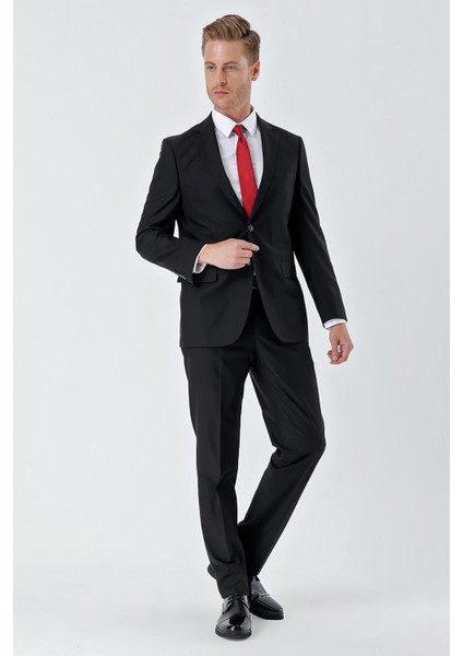 Siyah Gabardin Mono Yaka Astarlı 6 Drop Comfort Fit Rahat Kesim Basic Takım Elbise 1001235010