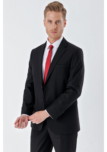 Siyah Gabardin Mono Yaka Astarlı 6 Drop Comfort Fit Rahat Kesim Basic Takım Elbise 1001235010