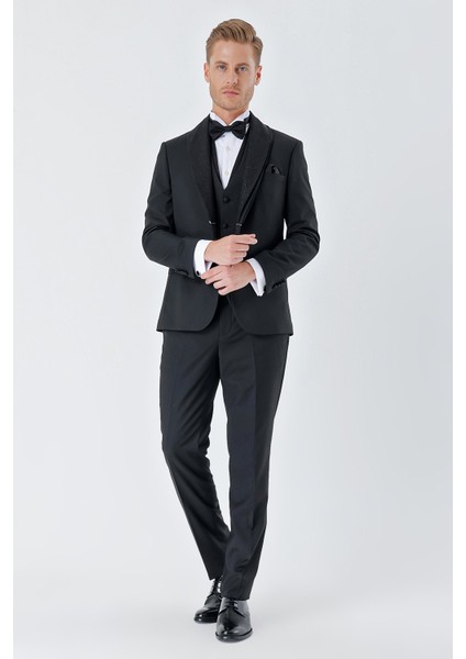 Siyah Çizgili Çıkarılabilir Şal Yaka Yelekli 6 Drop Slim Fit Smokin Damatlık Takım 1001230212 fırsatları