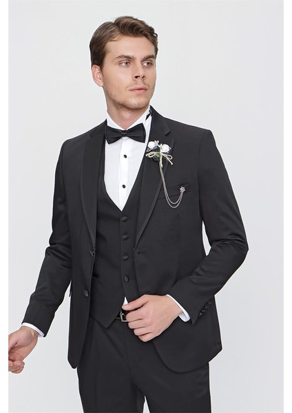 Siyah Desenli Armürlü Mono Yaka Astarlı Yelekli 6 Drop Slim Fit Dar Kesim Smokin Damatlık 1001220201