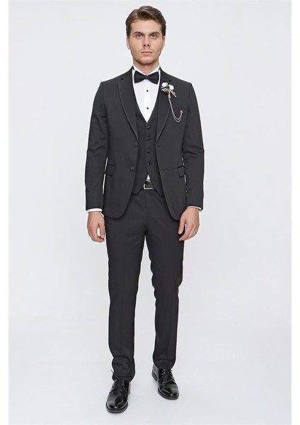 Siyah Desenli Armürlü Mono Yaka Astarlı Yelekli 6 Drop Slim Fit Dar Kesim Smokin Damatlık 1001220201 fiyatları