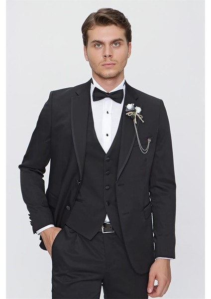 Siyah Desenli Armürlü Mono Yaka Astarlı Yelekli 6 Drop Slim Fit Dar Kesim Smokin Damatlık 1001220201 modelleri