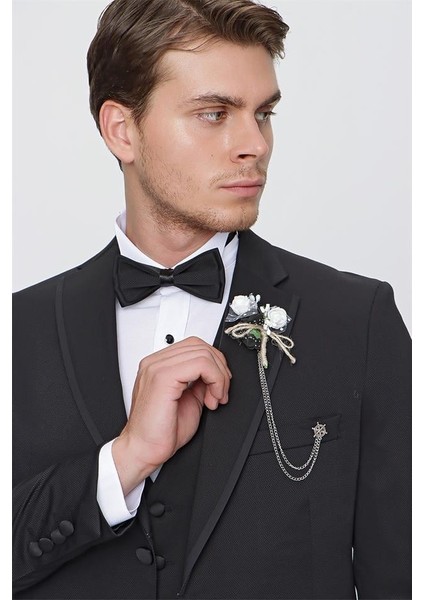 Siyah Desenli Armürlü Mono Yaka Astarlı Yelekli 6 Drop Slim Fit Dar Kesim Smokin Damatlık 1001220201 fırsatları