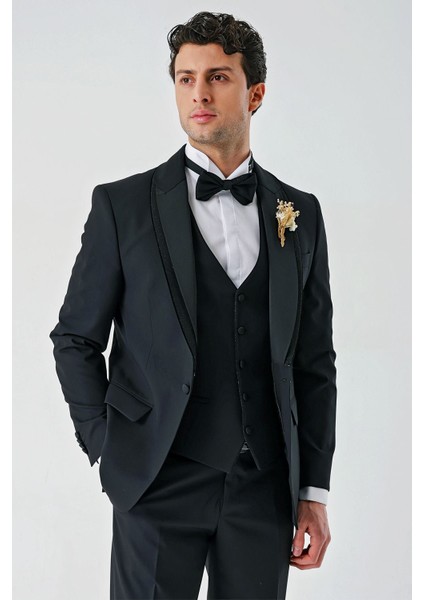 Siyah Çıkarılabilir Şal Yaka Yelekli Likralı 6 Drop Slim Fit Smokin Damatlık 1001240203