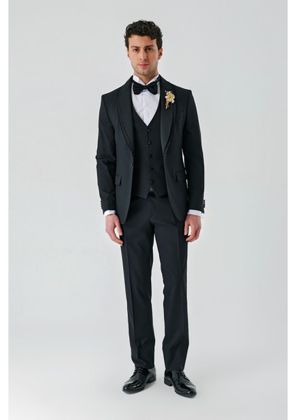 Siyah Çıkarılabilir Şal Yaka Yelekli Likralı 6 Drop Slim Fit Smokin Damatlık 1001240203 modelleri