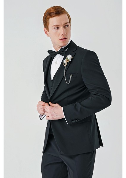 Siyah Çıkarılabilir Mono Yaka Yelekli Likralı 6 Drop Slim Fit Smokin Damatlık 1001240201