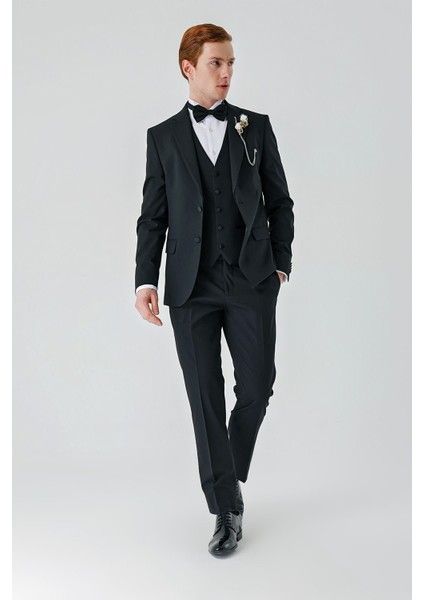 Siyah Çıkarılabilir Mono Yaka Yelekli Likralı 6 Drop Slim Fit Smokin Damatlık 1001240201