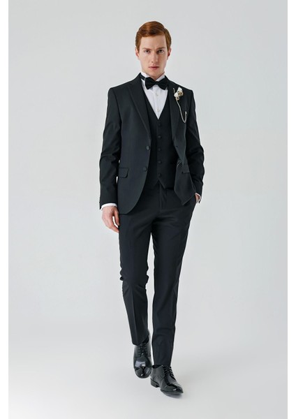 Siyah Çıkarılabilir Mono Yaka Yelekli Likralı 6 Drop Slim Fit Smokin Damatlık 1001240201