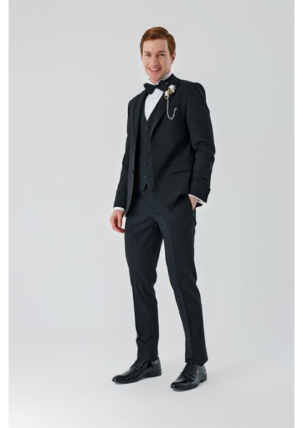 Siyah Çıkarılabilir Mono Yaka Yelekli Likralı 6 Drop Slim Fit Smokin Damatlık 1001240201