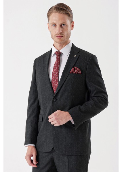 Siyah Desenli Mono Yaka Likralı 6 Drop Comfort Fit Rahat Kesim Klasik Takım Elbise 1001235153