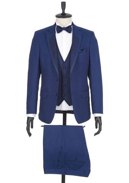 Lacivert Gabardin Mono Yaka Astarlı Yelekli 6 Drop Slim Fit Dar Kesim Smokin Damatlık 1001190166