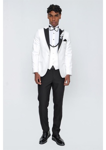Açık Krem Desenli Armürlü Kırlangıç Yaka Astarlı Yelekli 6 Drop Slim Fit Dar Kesim Smokin Damatlık 1001220206 fiyatları