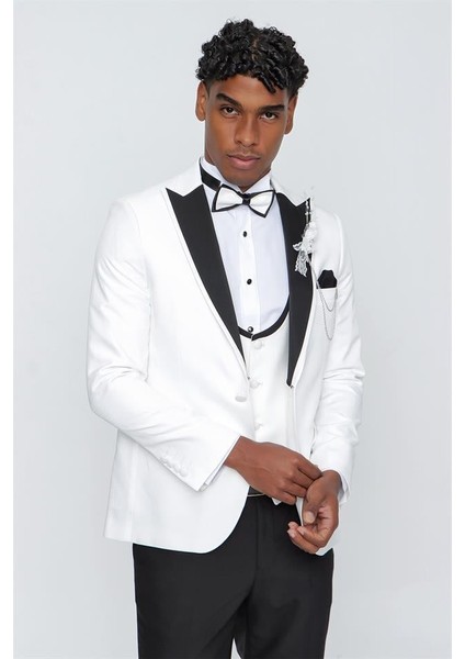 Açık Krem Desenli Armürlü Kırlangıç Yaka Astarlı Yelekli 6 Drop Slim Fit Dar Kesim Smokin Damatlık 1001220206 fırsatları