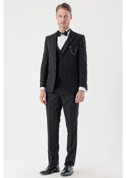 Siyah Desenli Armürlü Çıkarılabilir Mono Yaka Yelekli 6 Drop Slim Fit Smokin Damatlık Takım 1001230202 fırsatları